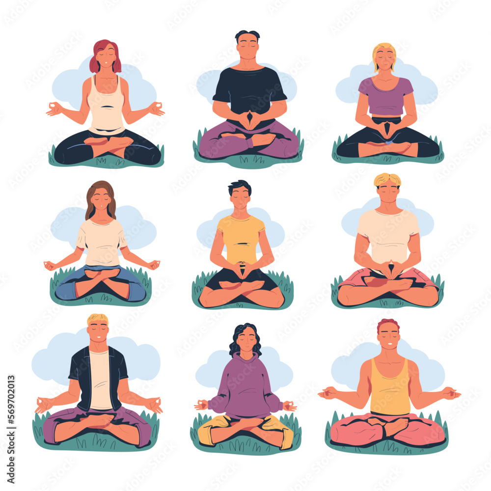 Young men and women meditating on nature set. Meditation practice, harmony, healthy lifestyle cartoon vector illustration Young men and women meditating on nature set. Meditation practice, harmony, healthy lifestyle cartoon vector illustration