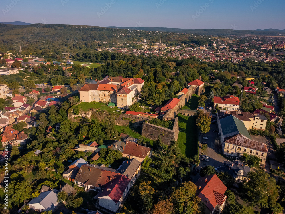 Aerial vIew of city Uzhgorod by drone. Summer Ukraine Zakarpatia region, West Ukraine. Castle.