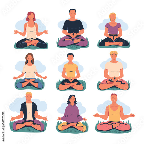 Young men and women meditating on nature set. Meditation practice, harmony, healthy lifestyle cartoon vector illustration