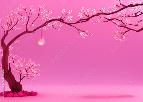 Cherry Blossom tree on a pink background, Generative AI illustration © Mysticai