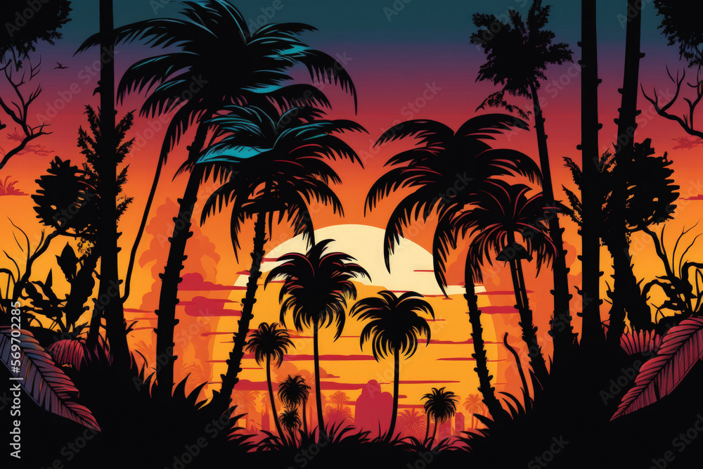 palm palms against a stunning sunset's backdrop. Generative AI