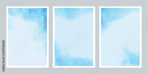 Set of light cyan blue watercolor wet wash splash abstract invitation card background template collection. Vector illustration