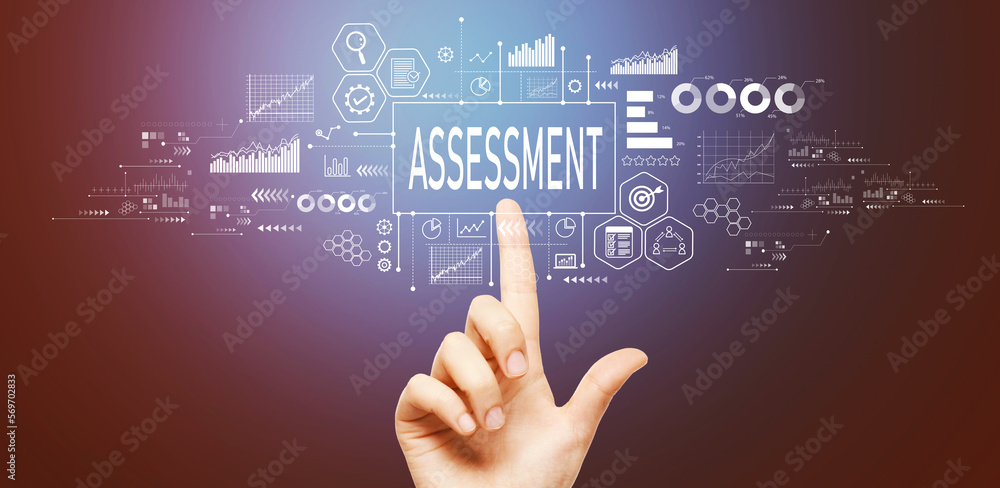 Assessment concept with hand pressing a button on a technology screen Assessment concept with hand pressing a button on a technology screen