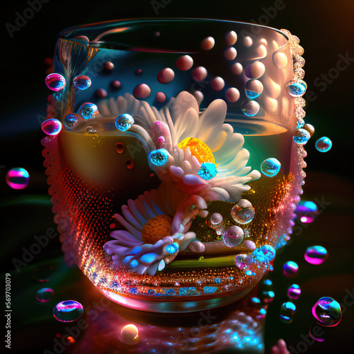 A closeup of glass of water with daisy flowers iridescent raindrops and pearls with nice lighting in neon colors. AI-generated © Marta N.