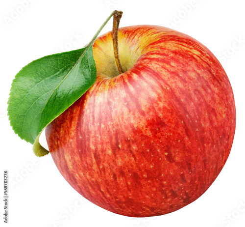 Single ripe red apple fruit with green leaf isolated on transparent background