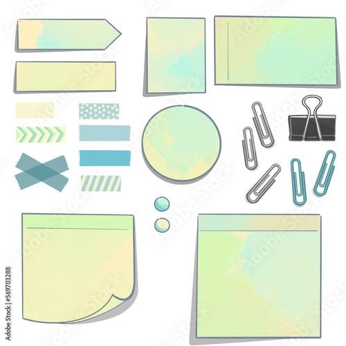 Handgezeichnete Post-it Zettel Gelb Grün, Notizzettel, Washitape, Klebestreifen und Pins - Büro Sammlung - Teil 8 - Cutout Vektor Illustration