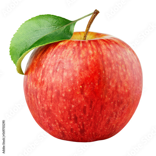 Single ripe red apple fruit with green leaf isolated on transparent background