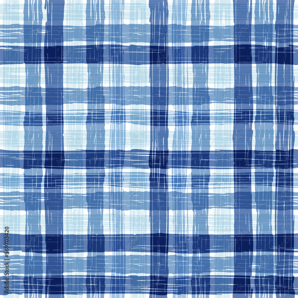 Fototapeta premium Gingham seamless pattern. blue watercolors checkered plaid, rustic tartan background, vector summer picnic textile, rustic farmhouse print