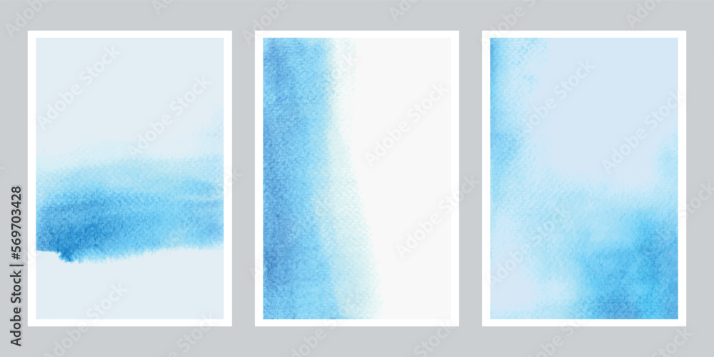 Set of light cyan blue watercolor wet wash splash abstract invitation card background template collection. Vector illustration