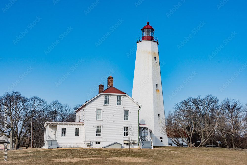 Sandy Hooks Historic Lighthouse On a Cold Winter Afternoon, New Jersey USA, Highlands, New Jersey