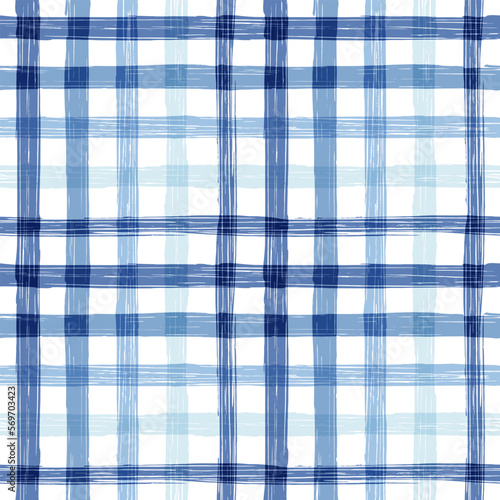 Gingham seamless pattern. blue watercolors checkered plaid, rustic tartan background, vector summer picnic textile, rustic farmhouse print
