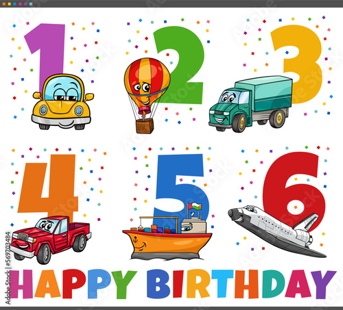 birthday greeting cards set with cartoon vehicles photo