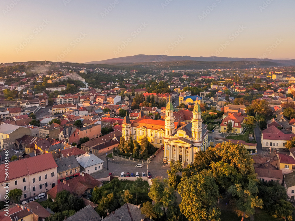 Fototapeta premium Aerial vIew of city Uzhgorod by drone. Summer Ukraine Zakarpatia region, West Ukraine.