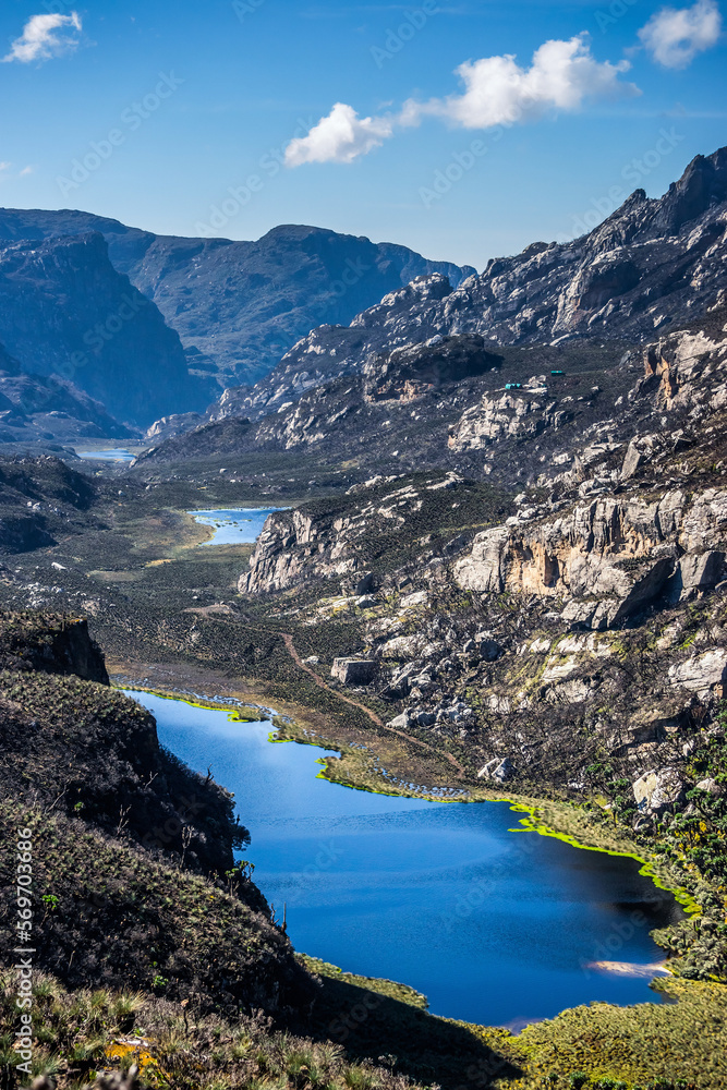 Top view of the Kopello lake, Bugata camp and trekking route to weismanns peak in highland. Rwenzori mountains national park in Uganda. Top view of the Kopello lake, Bugata camp and trekking route to weismanns peak in highland. Rwenzori mountains national park in Uganda.