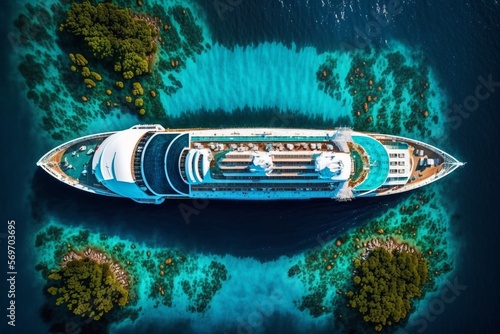 Aerial view at the cruise ship. Adventure and travel. Landscape with cruise liner. Luxury cruise. Generative ai