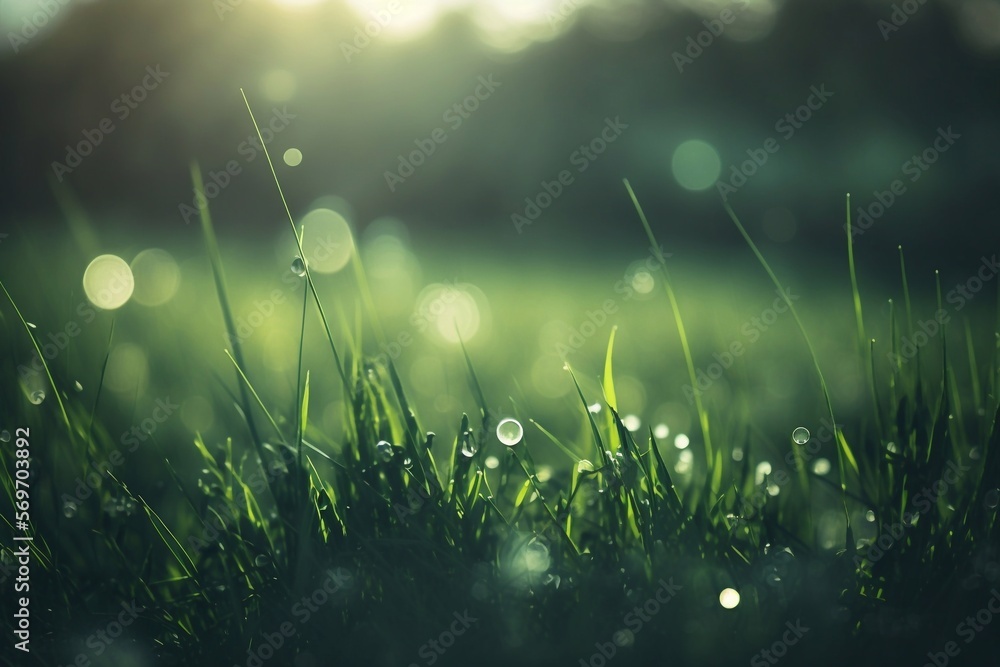 Close up of fresh thick grass with water drops in the early morning. Generative AI