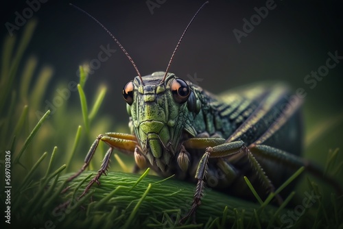 Grasshopper on the ground with grass in front. Generative ai © AIproduction