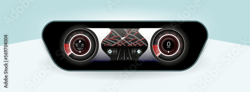 The concept car instrument panel, red backlight and a additional display settings of the car. Vector illustration.
