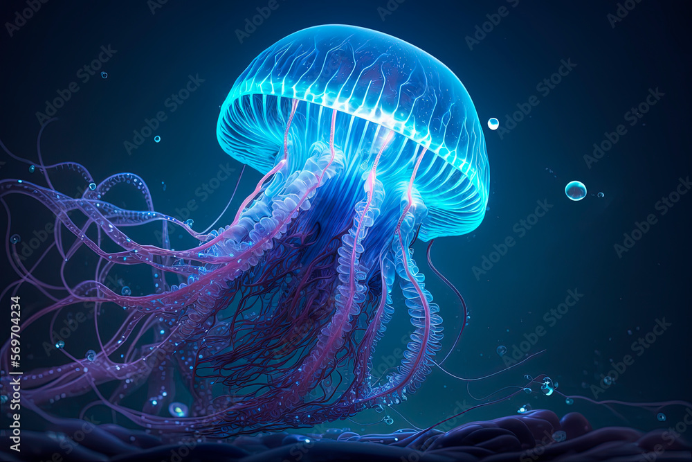 Glowing neon jellyfish with long tentacles. Generative AI - obrazy, fototapety, plakaty 