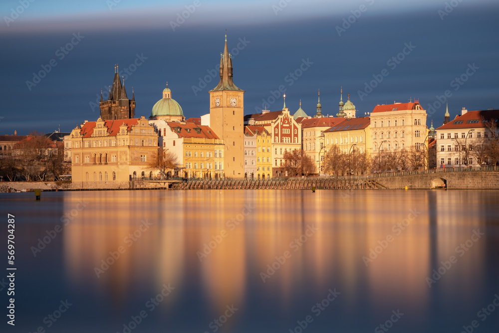 The center of Prague and the Vltava river in the setting sun - long exposure