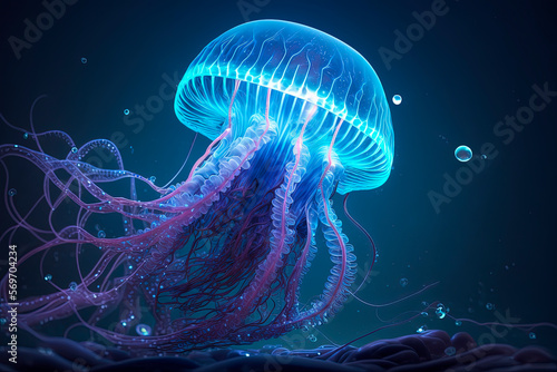 Fototapeta Glowing neon jellyfish with long tentacles. Generative AI