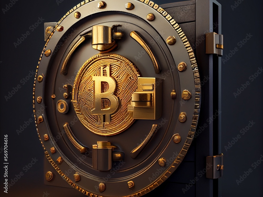 Fototapeta premium Bitcoin crypto currency lock tresor bank , safe wallpaper , golden background Ai generative