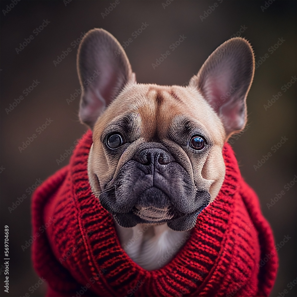 French Bulldog wearing a red sweater - adorable pet photography - AI Generated