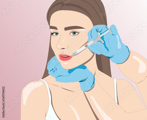 Cosmetologist does lip augmentation procedure of a beautiful woman. Cosmetology concept. vector image