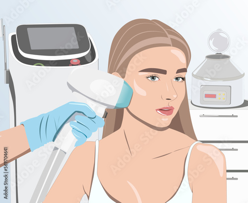 Illustration. Epilation hair removal procedure on a woman’s face. Beautician doing laser rejuvenation in a beauty salon. Removing unwanted body hair