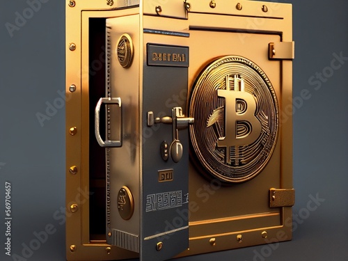 Bitcoin crypto currency lock tresor bank , safe wallpaper , golden background Ai generative