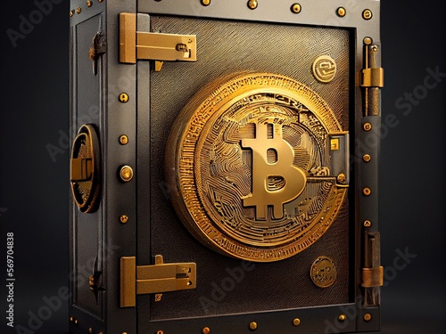 Bitcoin crypto currency lock tresor bank , safe wallpaper , golden background Ai generative
