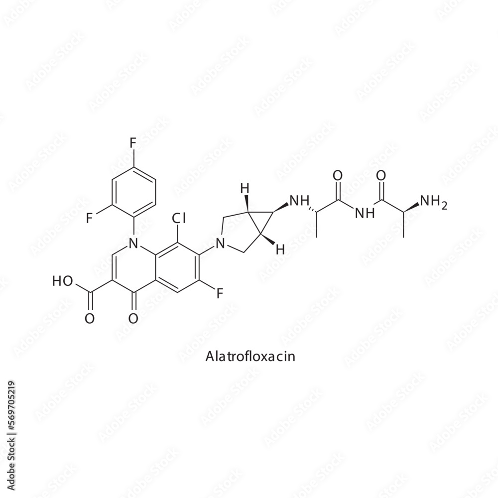 Alatrofloxacin flat skeletal molecular structure 4th generation Fluoroquinolone antibiotic drug used in treatment. Vector illustration. Alatrofloxacin flat skeletal molecular structure 4th generation Fluoroquinolone antibiotic drug used in treatment. Vector illustration.