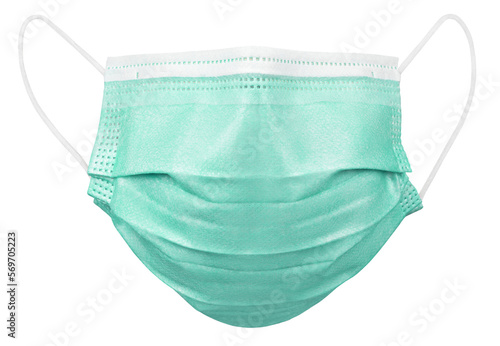 Green medical protective face or surgical mask isolated on transparent background. Monkeypox outbreak prevention. Full Depth of Field. photo