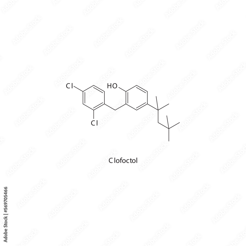 Clofoctol flat skeletal molecular structure Cresol antibiotic drug used in treatment. Vector illustration. Clofoctol flat skeletal molecular structure Cresol antibiotic drug used in treatment. Vector illustration.