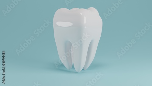 Fototapeta Naklejka Na Ścianę i Meble -  White healthy premolar human tooth isolated on blue background. Dental concept. 3D render