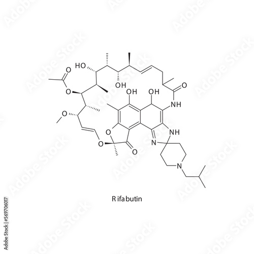 Rifabutin  flat skeletal molecular structure Rifamycin antibiotic drug used in treatment. Vector illustration.