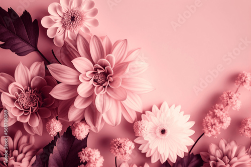 Pink monochromatic flowers on pink background with copy space. Illustration AI © hd3dsh