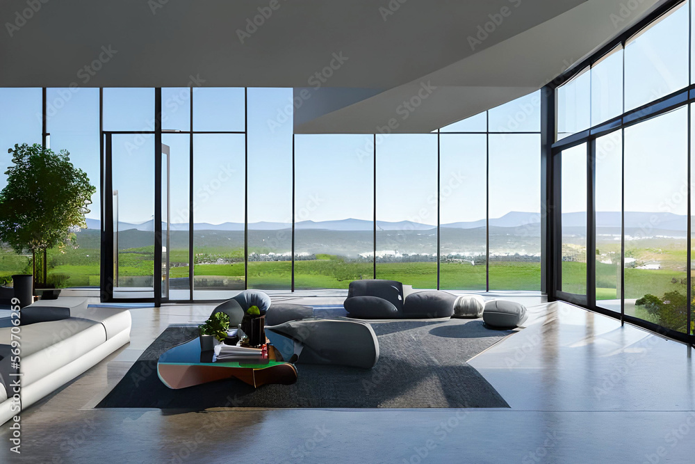 interior of a modern home, large windows , spacious room Created using ...