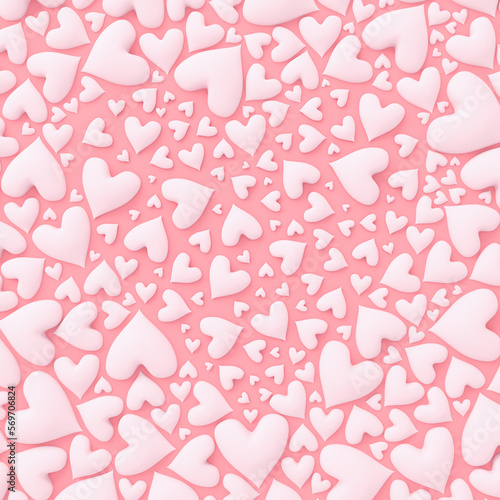 White hearts arranged on pastel pink background in the shape of a large center heart for Valentine's day or other romantic themed background. 3d Render.