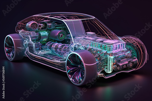Electric car  fictitious model  with inner parts exposed. AI generated image