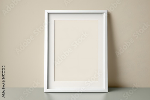 Empty white vertical frame  beige wall minimalist background for mockup  photo  picture  art