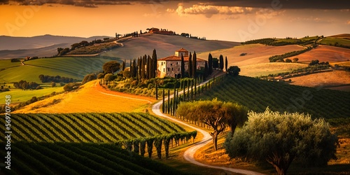 mediterranean italian landscape, beautiful sunrise in tuscany, agriculture and cypresses in romantic sunset light, fictional landscape created with generative ai