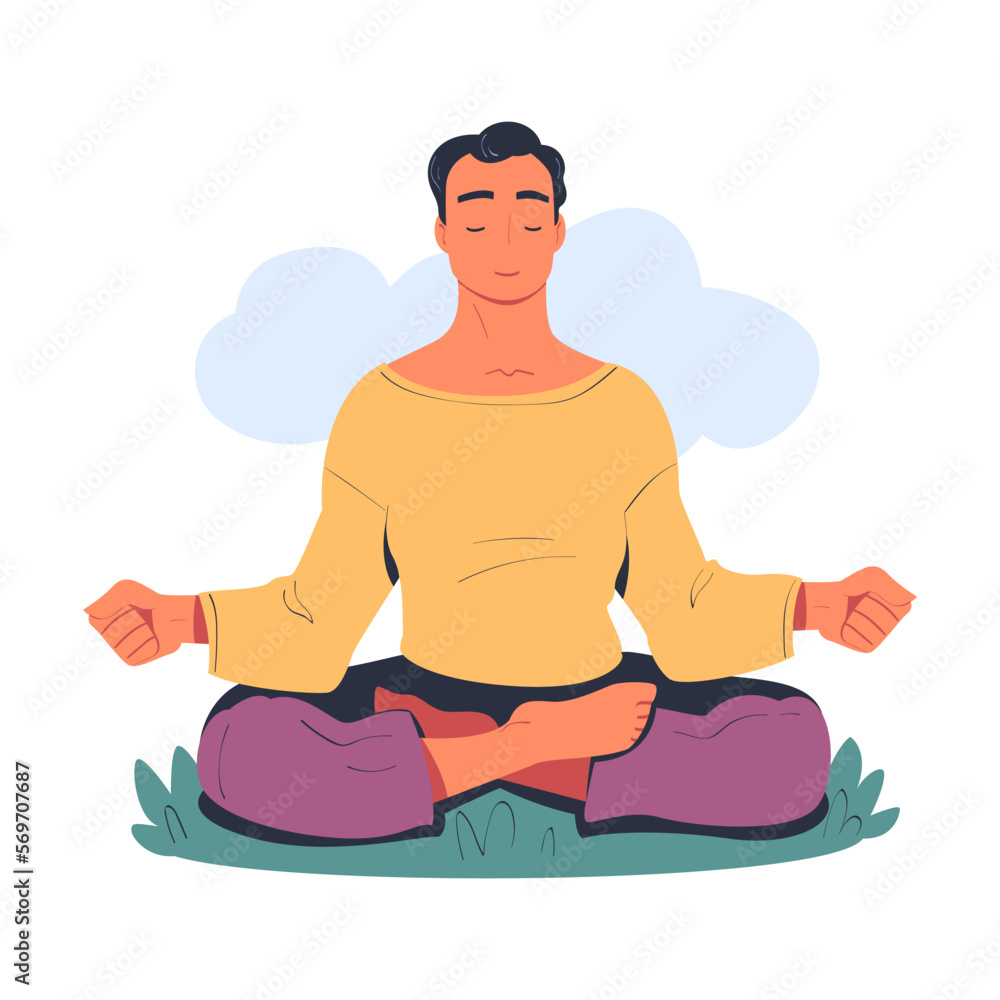 Tranquil man meditating on nature. Meditation practice, harmony, healthy lifestyle cartoon vector illustration Tranquil man meditating on nature. Meditation practice, harmony, healthy lifestyle cartoon vector illustration