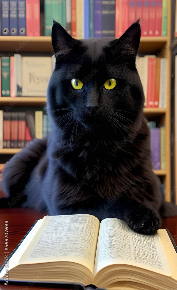 Illustration with a beautiful black cat that reads on book in the library. She holds her paw on a large open book. Bookshelves in the background