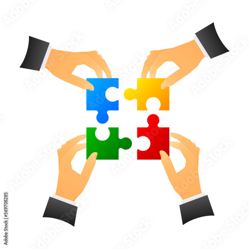 Teamwork Business concept. Team Lead and subordinates. People connect puzzle elements. Symbol of teamwork, cooperation and partnership. The famous puzzle pattern. Vector illustration.