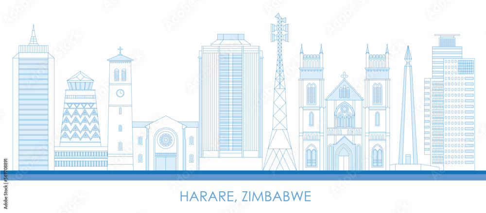 Outline Skyline panorama of city of Harare, Zimbabwe - vector illustration - obrazy, fototapety, plakaty 