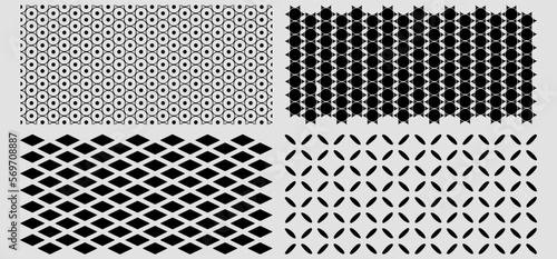 Set of black and white geometric patterns. Tileable, repeating textured backgrounds.