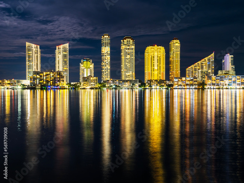 North Miami Beach, Sunny Isles Skyline at Night.Trump Tower, Aqualina Residences and Hotel..Full Moonrise .Floridas East Coast.Miami Beach,Miami Florida USA