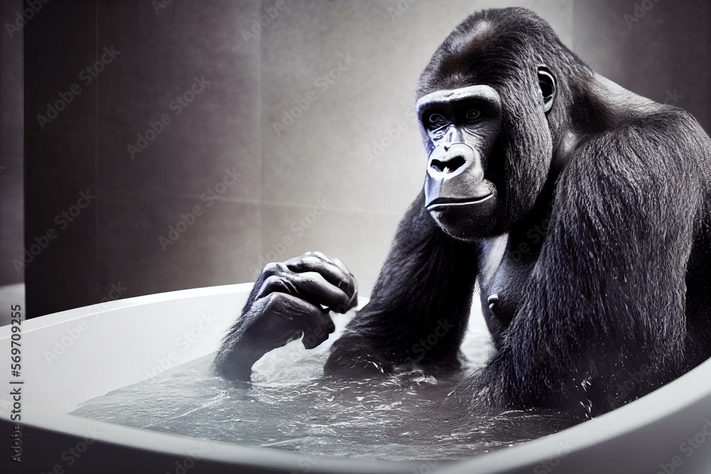Gorilla taking bath in the bathroom. Big mammal in the bathtub. AI