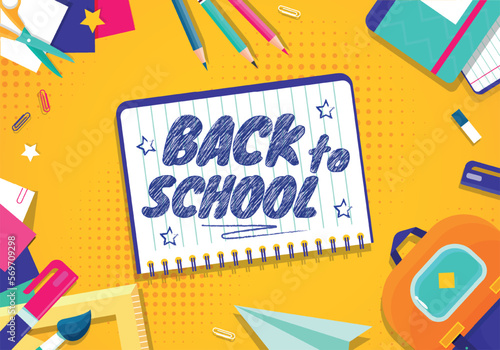 Back to school banner. Education, learning and training. Backpack with colored pencils, eraser and ruler. 1 september and international holiday, day of knowledge. Cartoon flat vector illustration